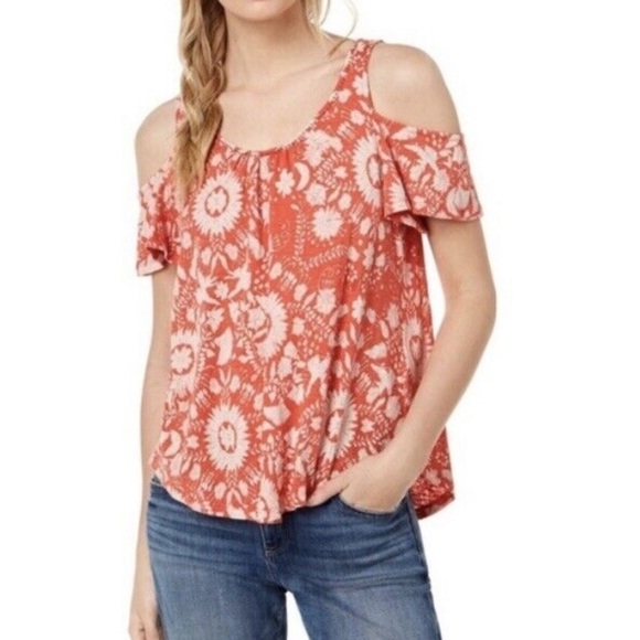 Lucky Brand Tops - Lucky Brand Orange Floral Cold Shoulder Blouse